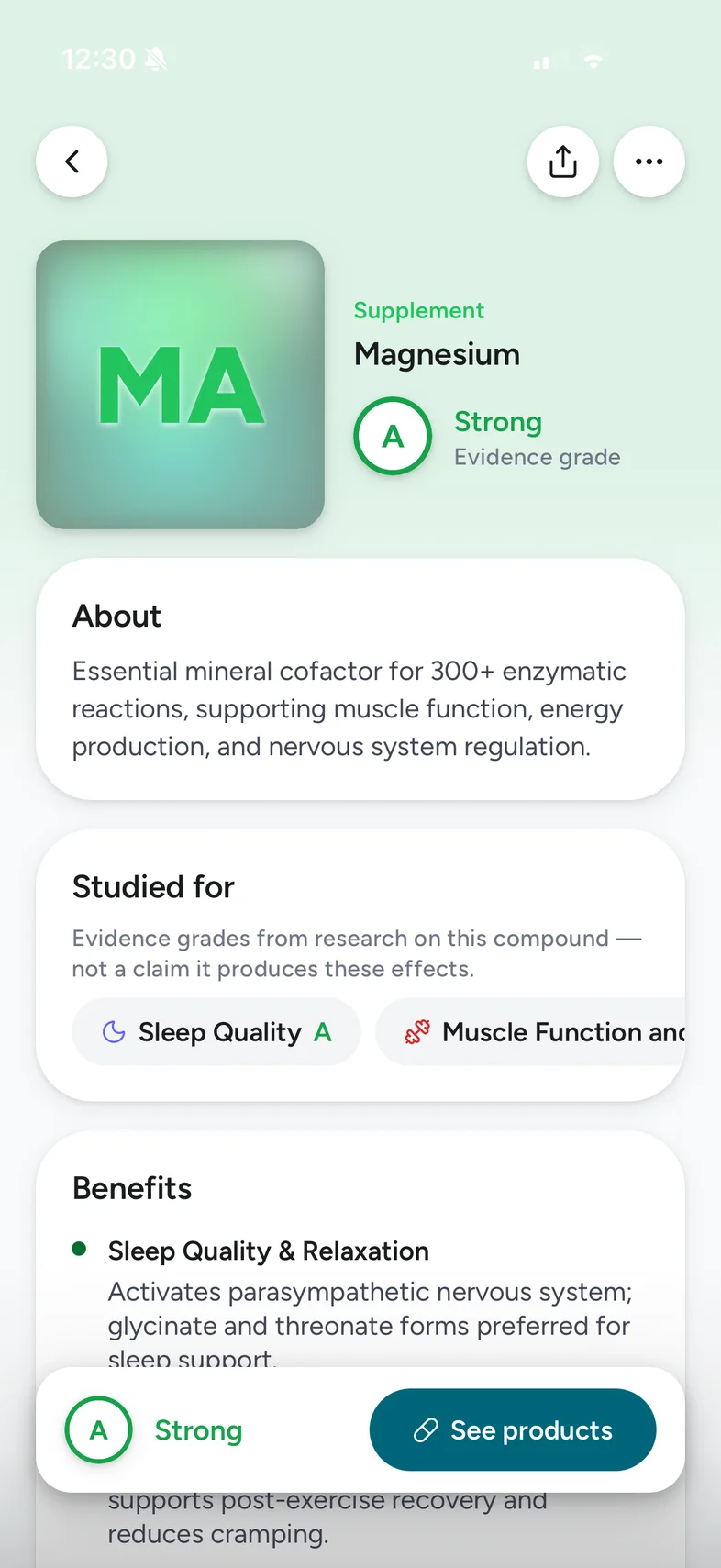 The magnesium page in the Staq app: an A evidence grade, what the compound has been studied for, and the research behind each benefit.