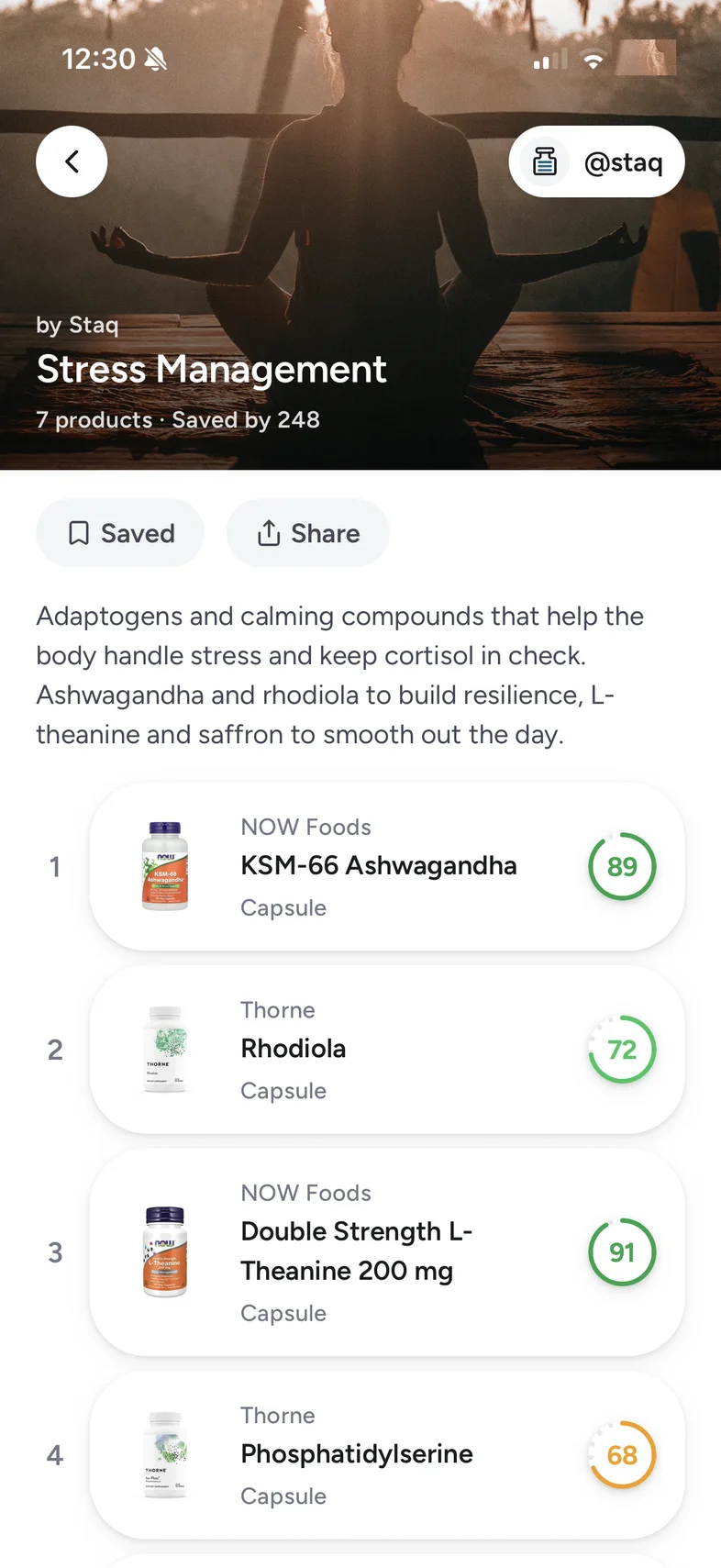 A shared staq in the Staq app: Stress Management, seven products, saved by 248 people, with each product scored.