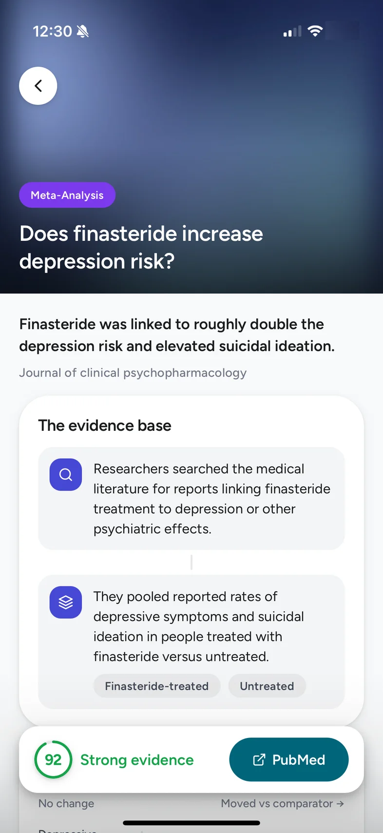 A study in the Staq app: a meta-analysis on whether finasteride increases depression risk, its evidence base laid out in plain English, and a link out to PubMed.