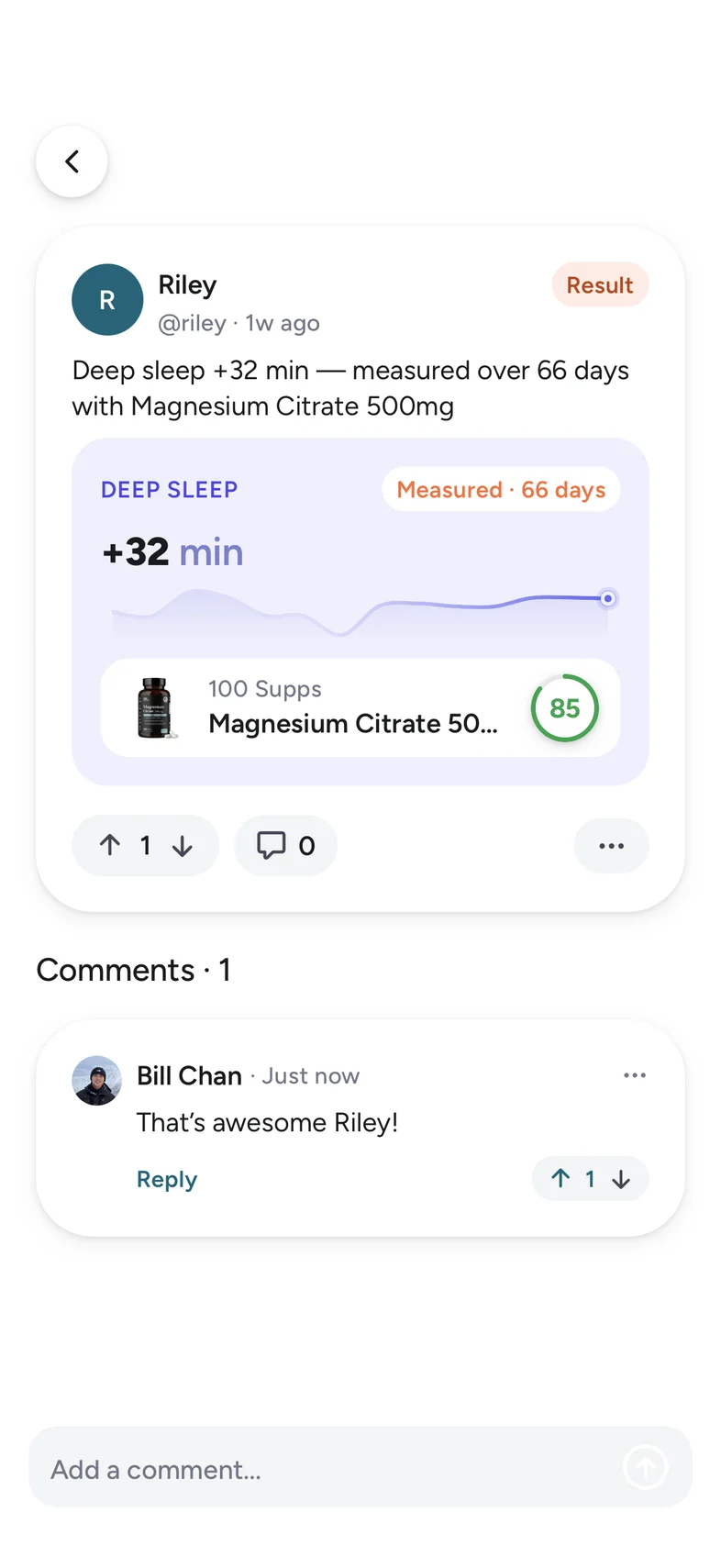 A post in the Staq app: deep sleep up 32 minutes, measured over 66 days on magnesium citrate.