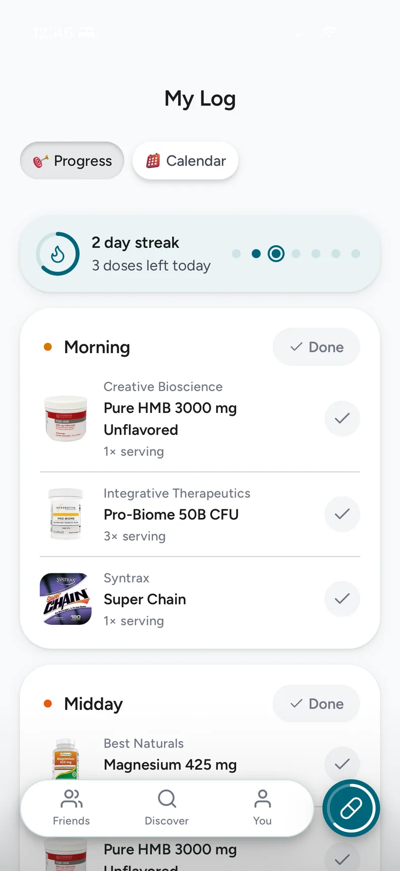 My Log in the Staq app: a two-day streak with three doses left today, above the morning dose list.