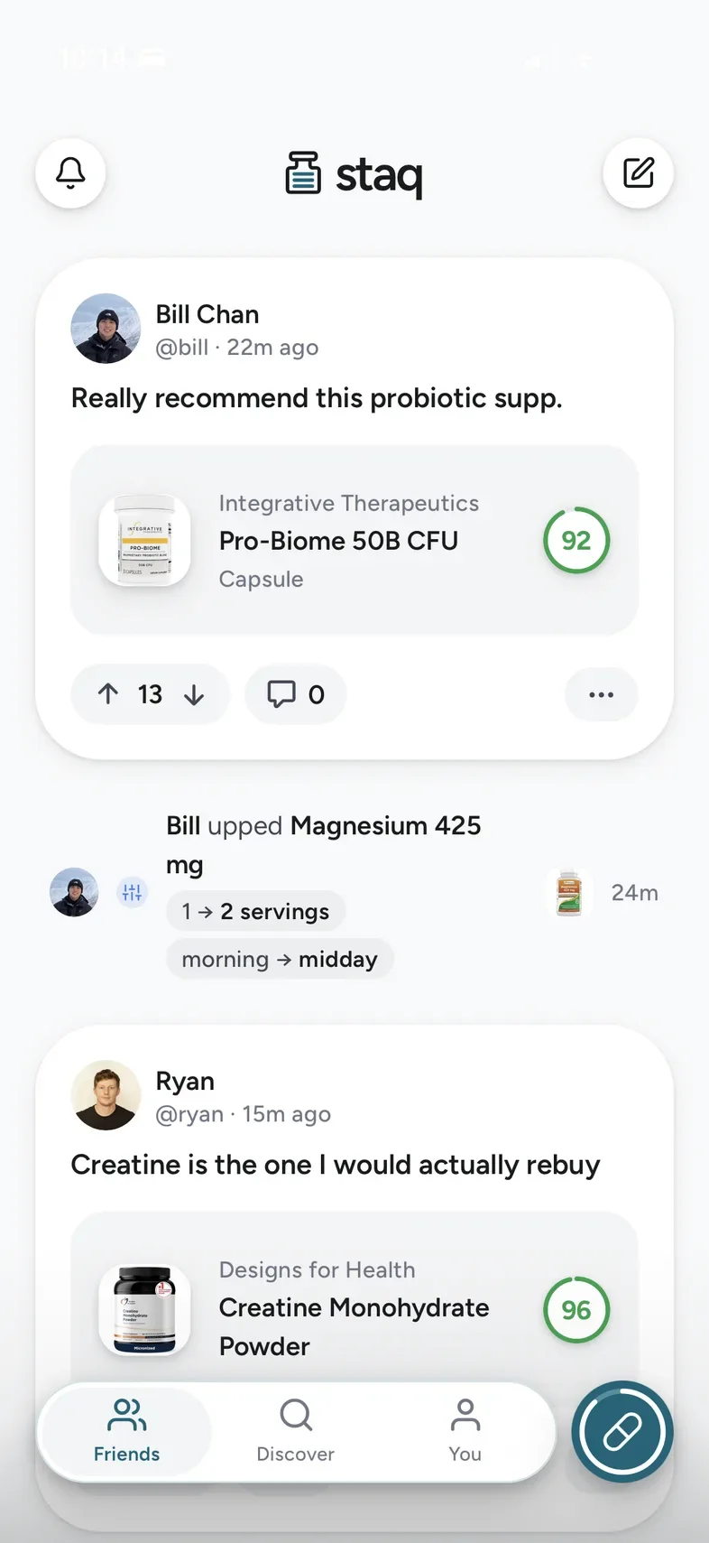 The staq app's Friends feed: posts from people you follow, each with the exact product they take and its score.